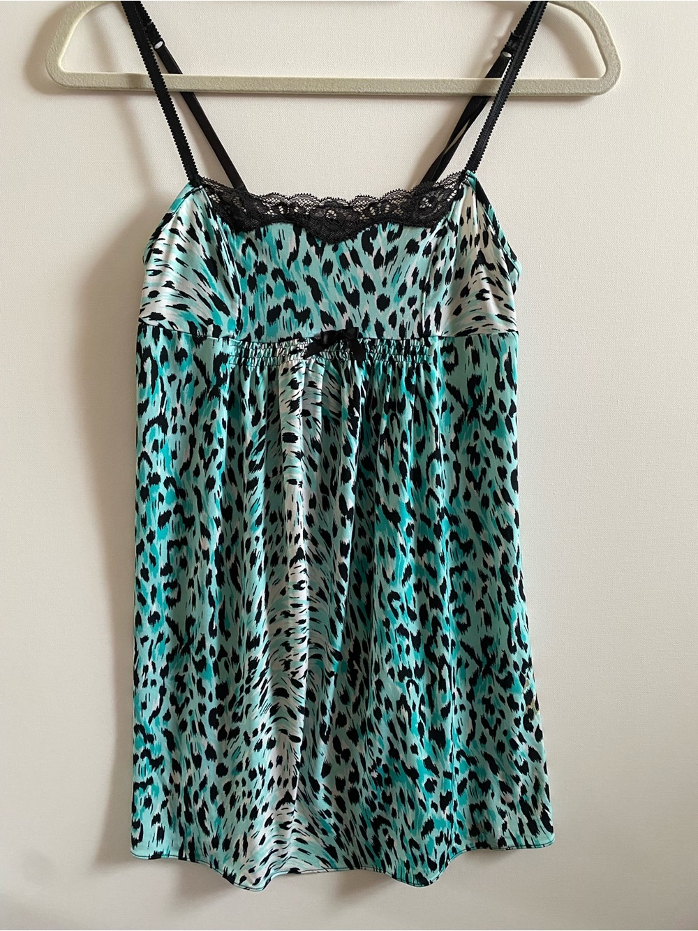 Betsey Johnson Turquoise Leopard Satin Slip Dress with Black Lace Trim
